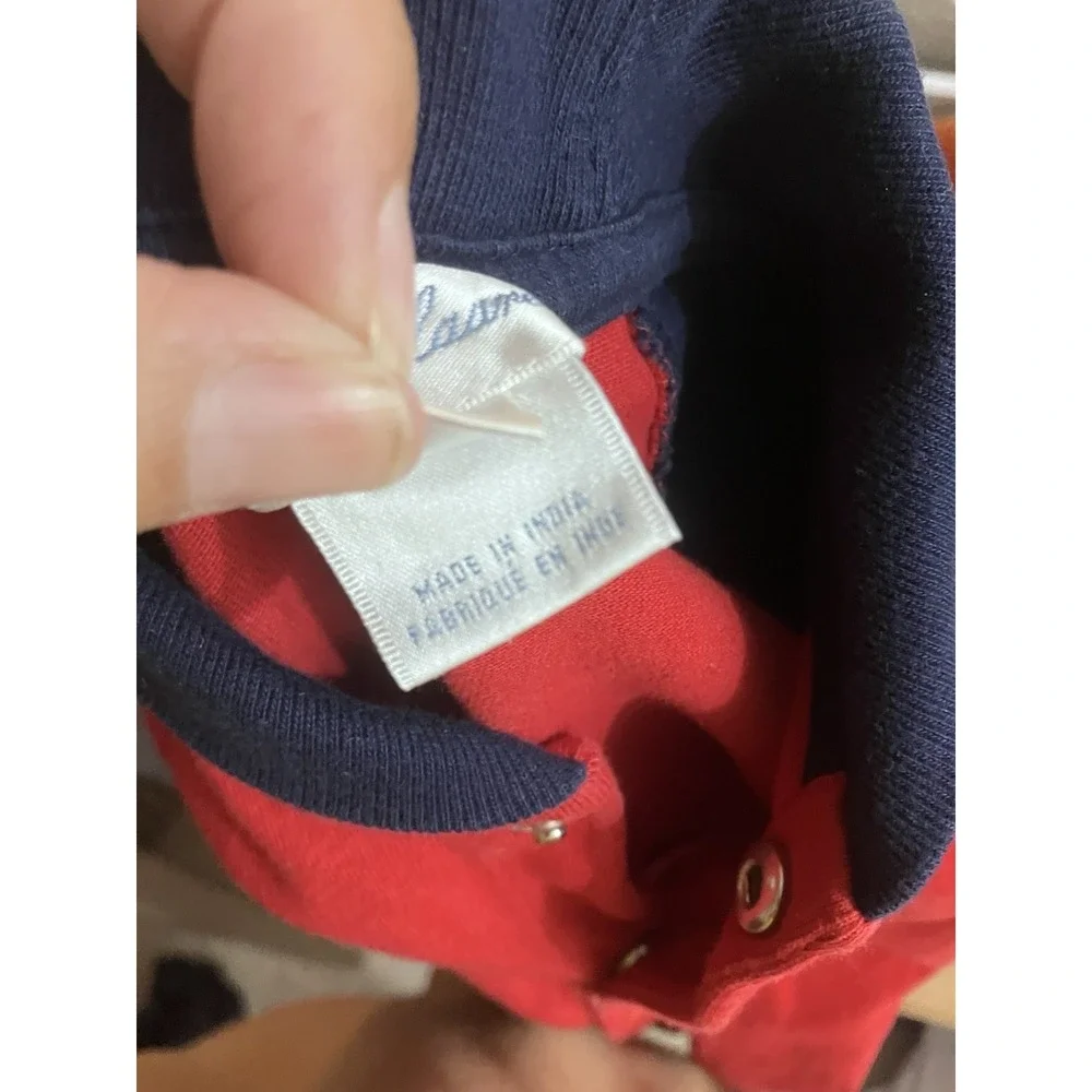 Ralph Lauren 9M Baby Boy Shawl-Collar Cotton Coverall Bodysuit Red Blue Pony